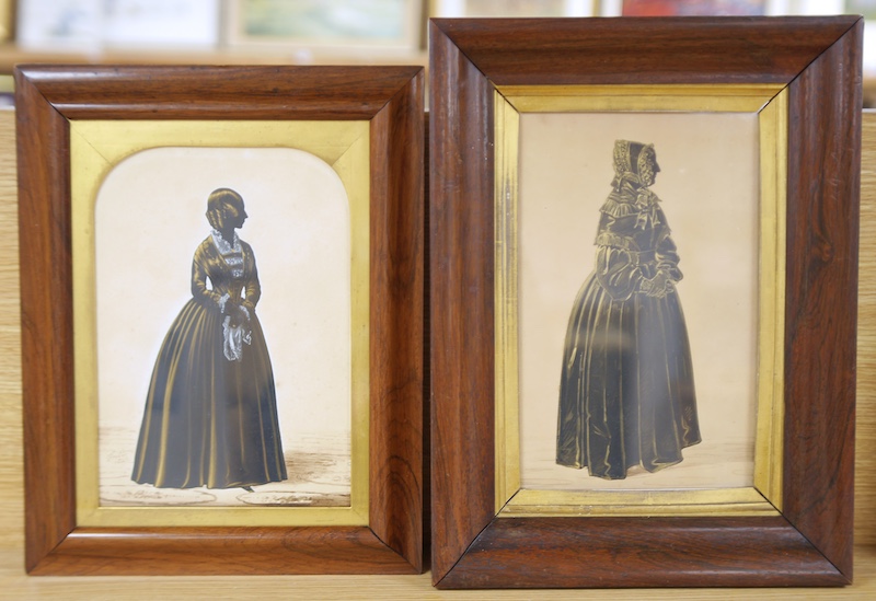 Henry Albert Frith (1819-1871), two silhouettes, Full length studies of a young and an elderly lady, one signed and dated 1849, largest 27 x 17cm, housed in rosewood frames. Condition - fair